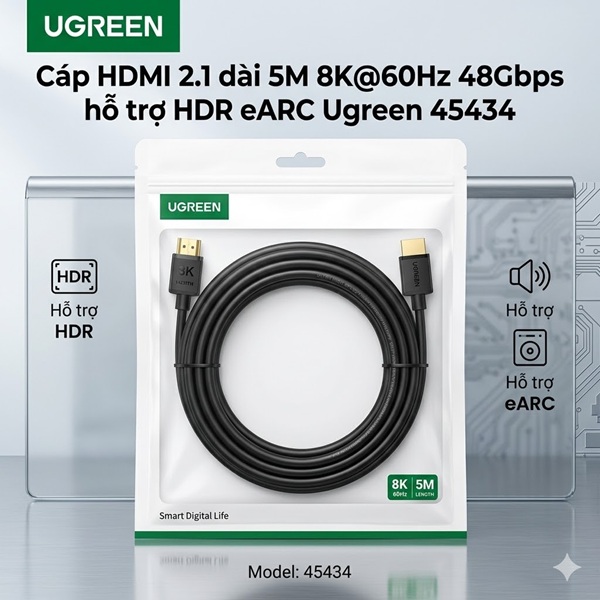 Cáp HDMI 2.1 dài 5M 8K@60Hz 48Gbps hỗ trợ HDR eARC Ugreen 45434